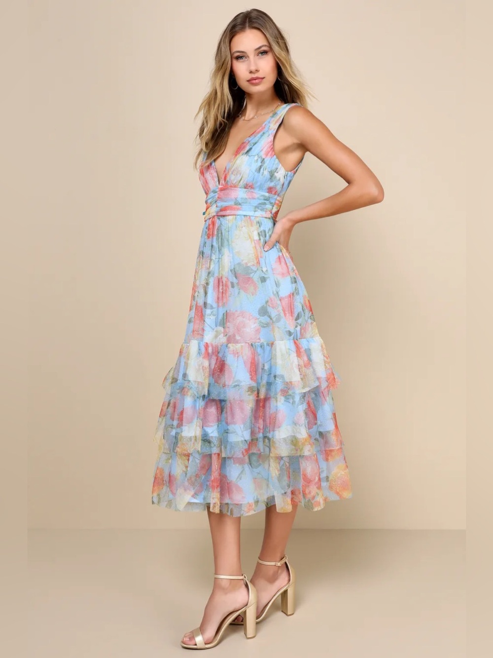 Lulus Perfectly Divine Blue Floral Tulle Tiered Ruffled Midi Dress Size XXL NWOT - Picture 4 of 11